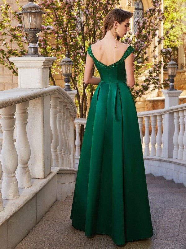 Vestidos de satén sin mangas con lentejuelas y hombros descubiertos, corte princesa/corte A, largo hasta el suelo